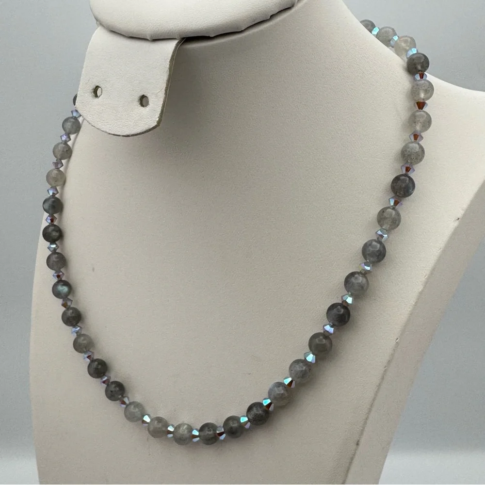 Stunning New Labradorite Beaded Necklace Swarovski Crystal Accents Silver Toggle
